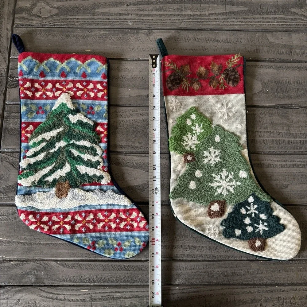Vintage Needlepoint Christmas Tree Wool Stockings Rustic Cabin Lodge Velvet Back